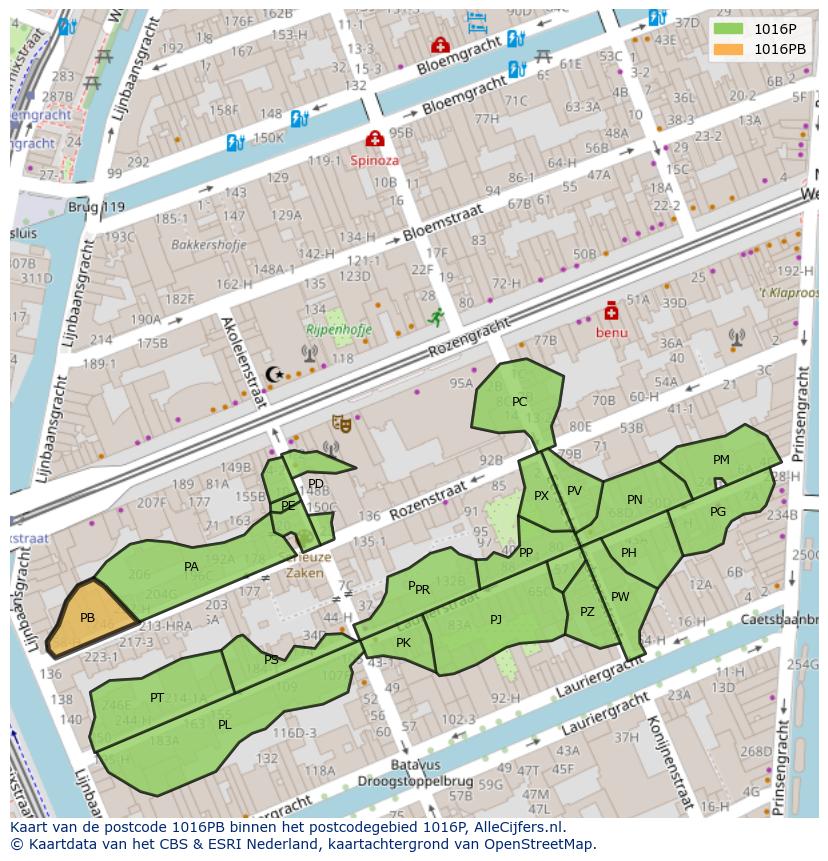 Afbeelding van het postcodegebied 1016 PB op de kaart.
