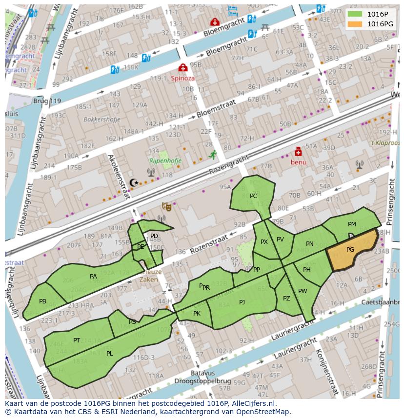 Afbeelding van het postcodegebied 1016 PG op de kaart.