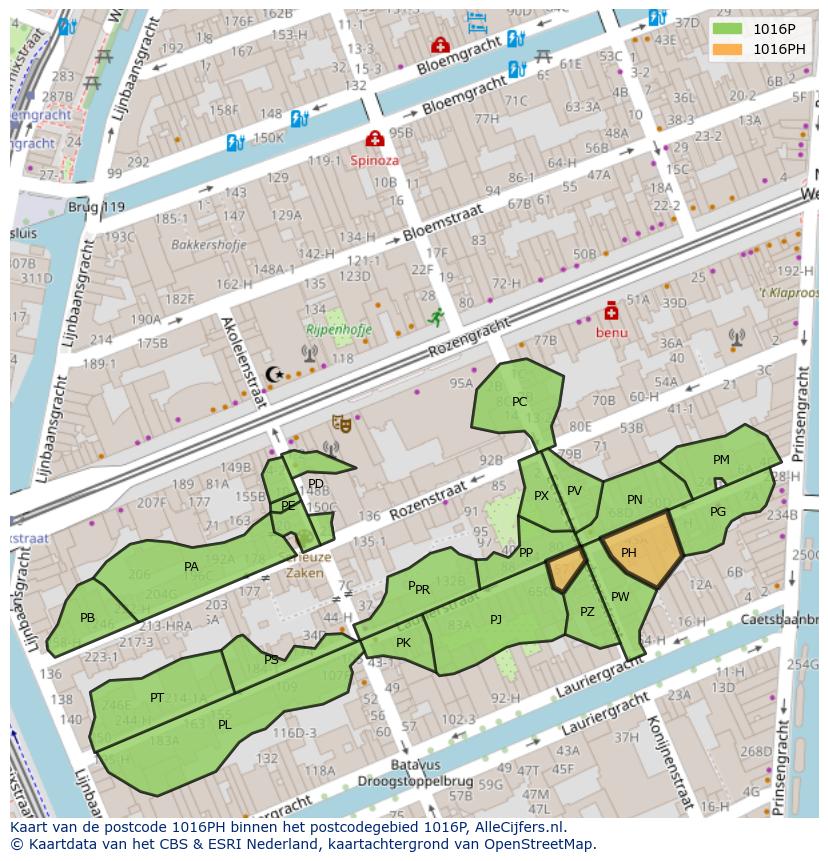 Afbeelding van het postcodegebied 1016 PH op de kaart.