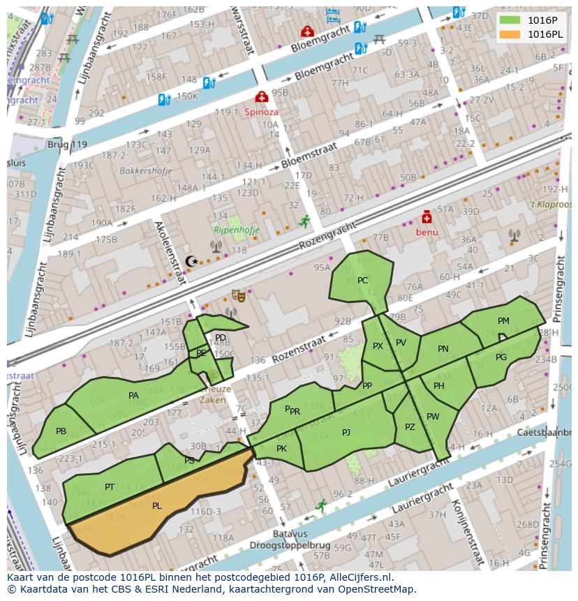 Afbeelding van het postcodegebied 1016 PL op de kaart.