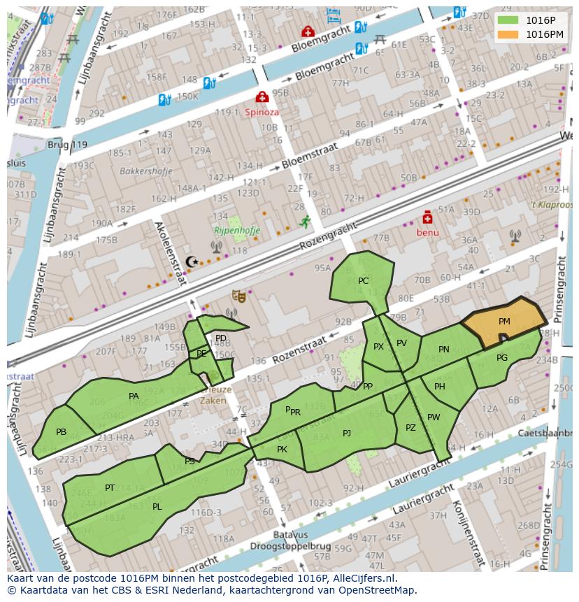 Afbeelding van het postcodegebied 1016 PM op de kaart.