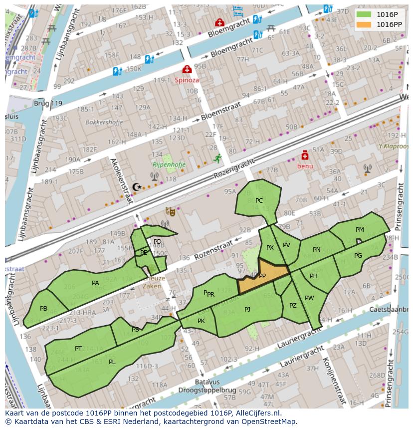 Afbeelding van het postcodegebied 1016 PP op de kaart.