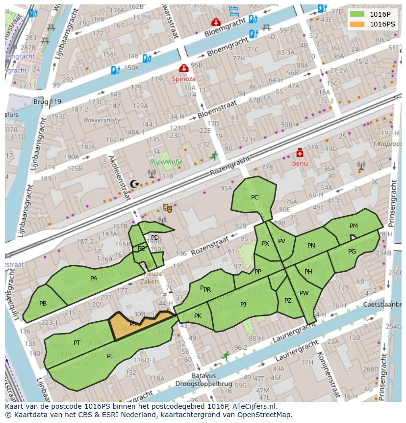 Afbeelding van het postcodegebied 1016 PS op de kaart.