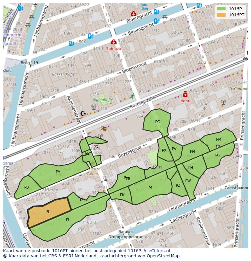 Afbeelding van het postcodegebied 1016 PT op de kaart.