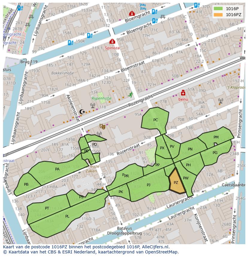 Afbeelding van het postcodegebied 1016 PZ op de kaart.