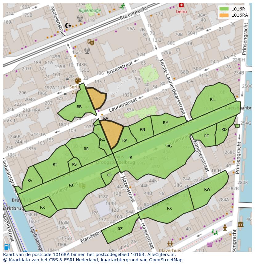 Afbeelding van het postcodegebied 1016 RA op de kaart.