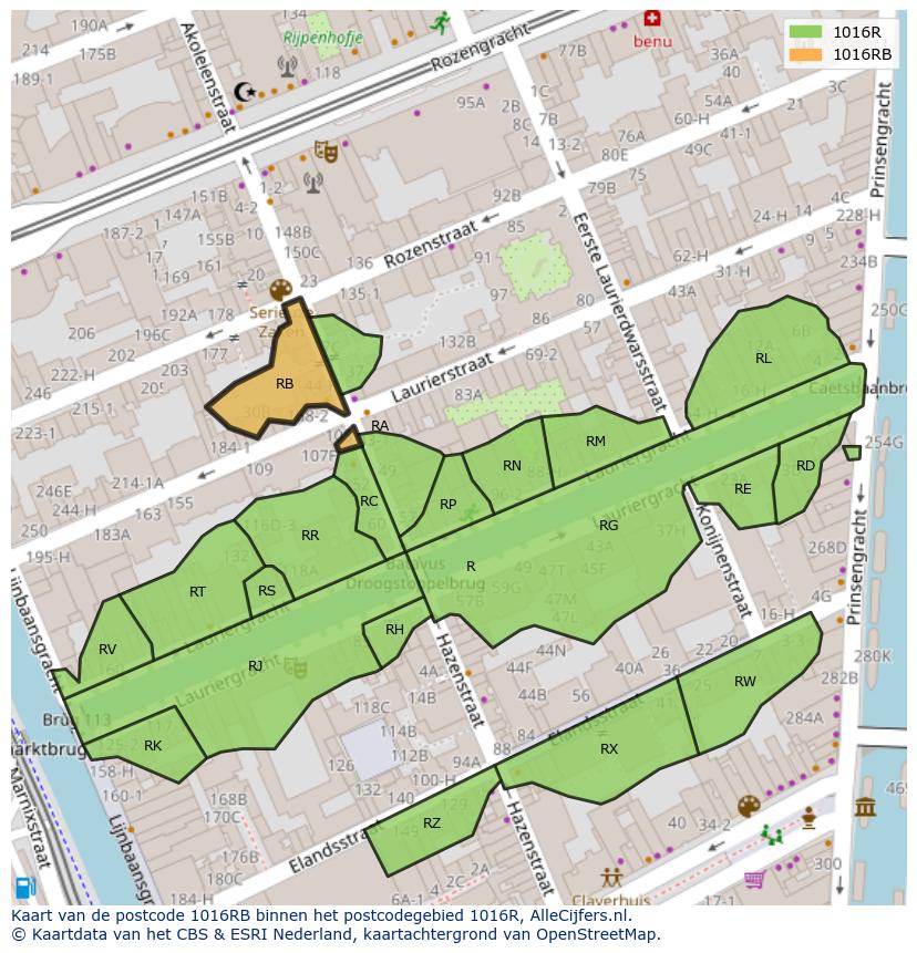 Afbeelding van het postcodegebied 1016 RB op de kaart.