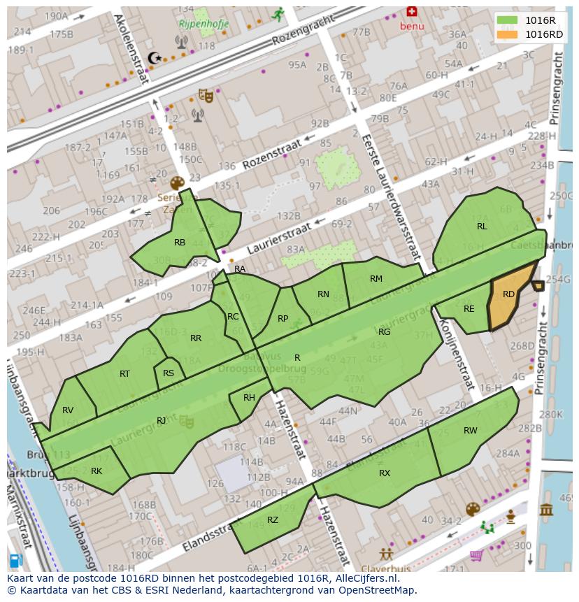 Afbeelding van het postcodegebied 1016 RD op de kaart.
