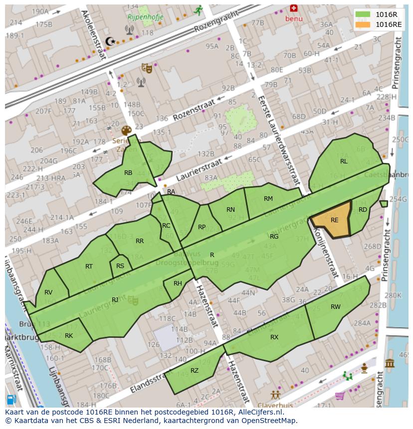 Afbeelding van het postcodegebied 1016 RE op de kaart.