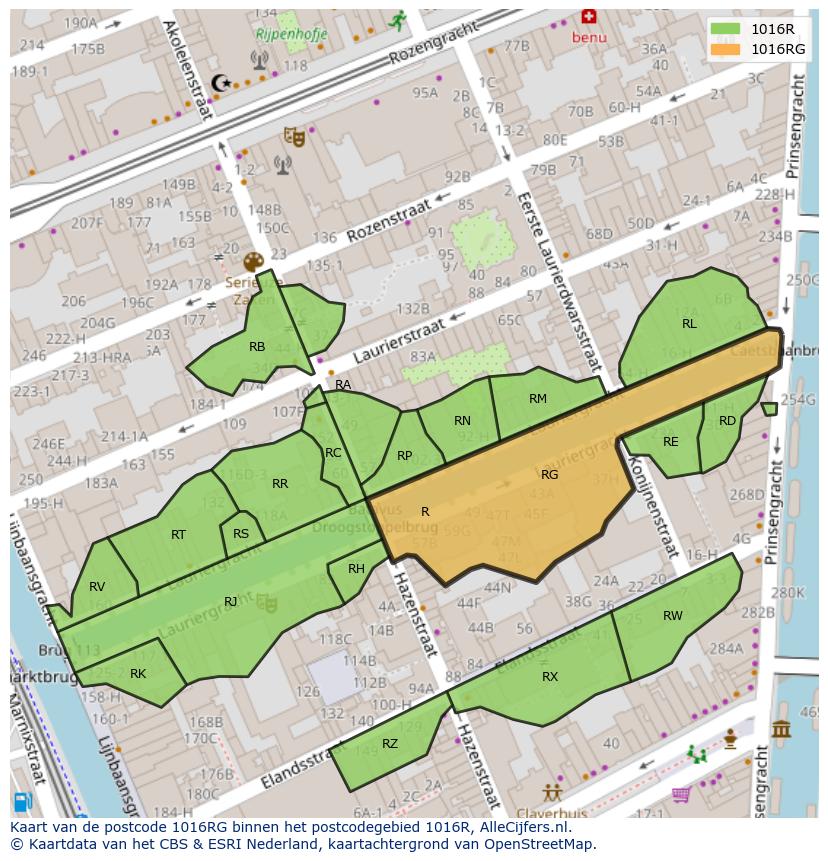 Afbeelding van het postcodegebied 1016 RG op de kaart.