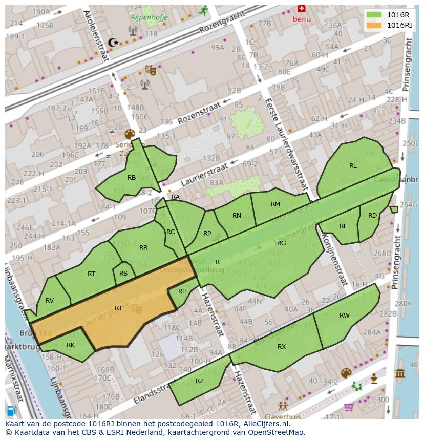 Afbeelding van het postcodegebied 1016 RJ op de kaart.