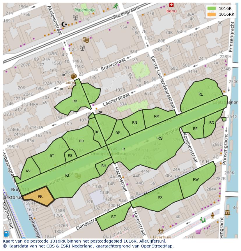 Afbeelding van het postcodegebied 1016 RK op de kaart.