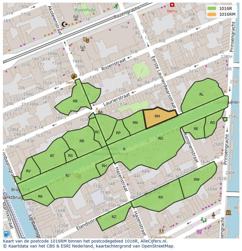Afbeelding van het postcodegebied 1016 RM op de kaart.