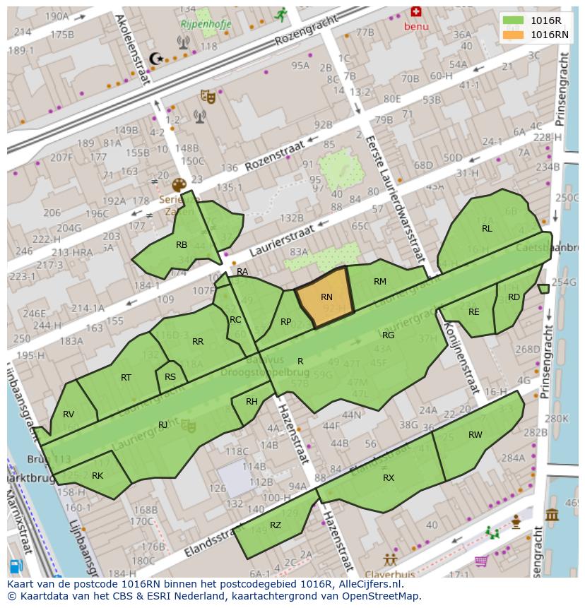 Afbeelding van het postcodegebied 1016 RN op de kaart.
