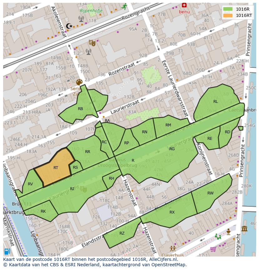 Afbeelding van het postcodegebied 1016 RT op de kaart.