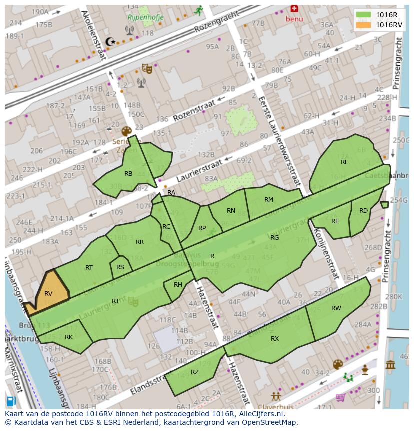 Afbeelding van het postcodegebied 1016 RV op de kaart.
