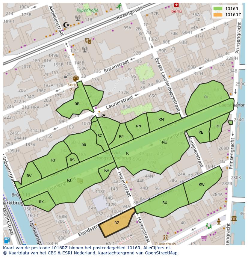 Afbeelding van het postcodegebied 1016 RZ op de kaart.