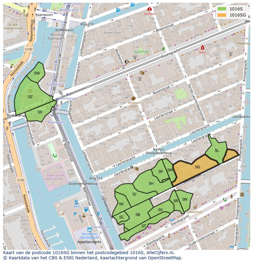 Afbeelding van het postcodegebied 1016 SG op de kaart.
