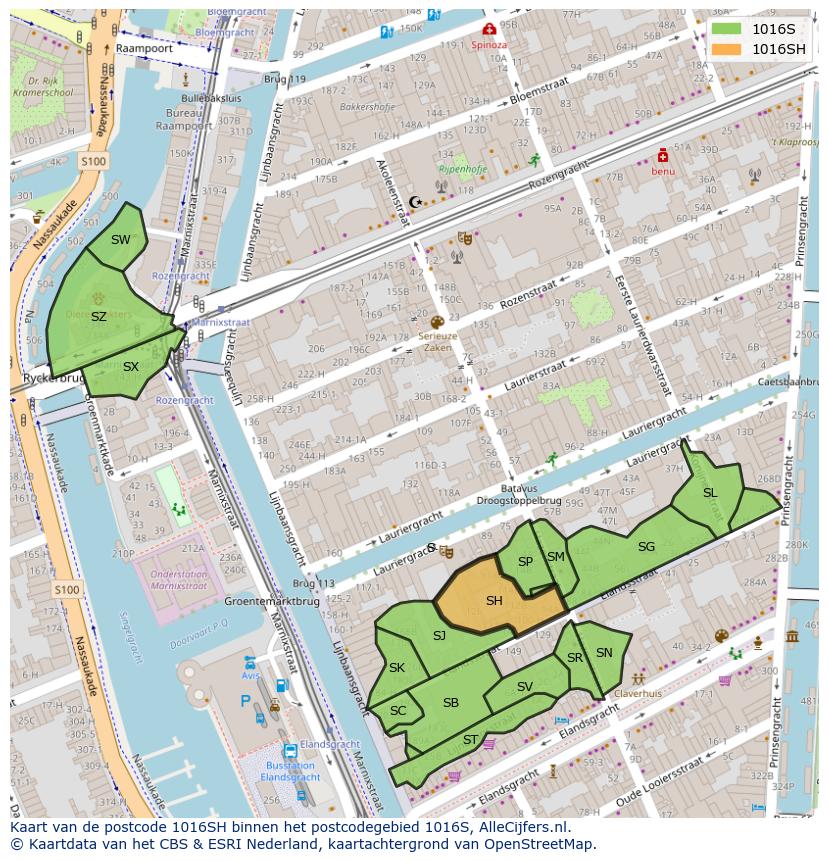 Afbeelding van het postcodegebied 1016 SH op de kaart.