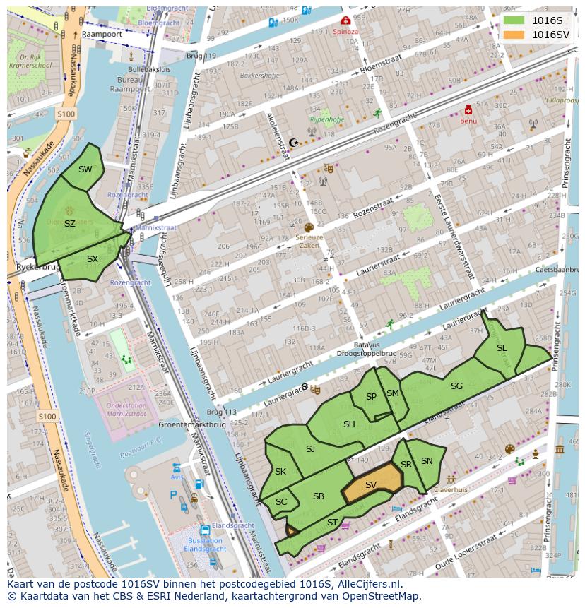 Afbeelding van het postcodegebied 1016 SV op de kaart.