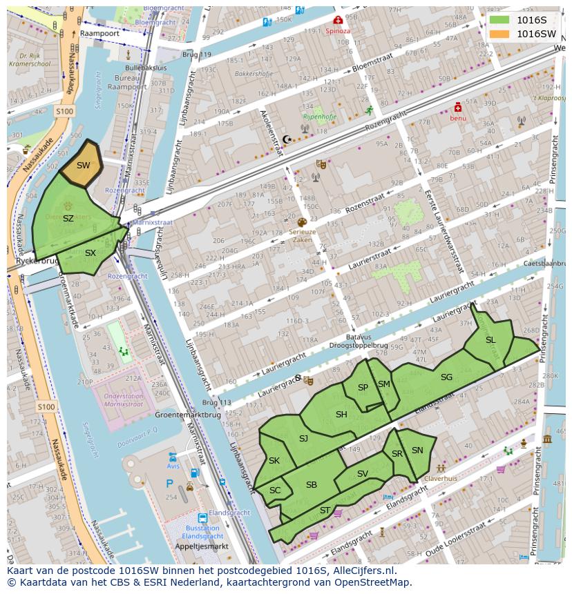 Afbeelding van het postcodegebied 1016 SW op de kaart.