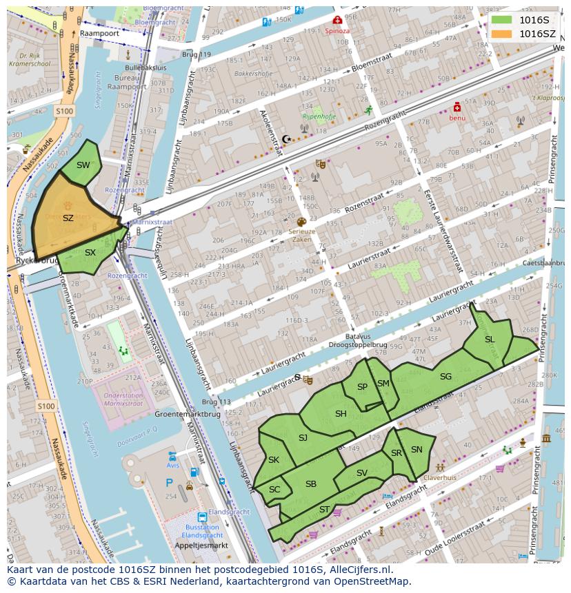 Afbeelding van het postcodegebied 1016 SZ op de kaart.