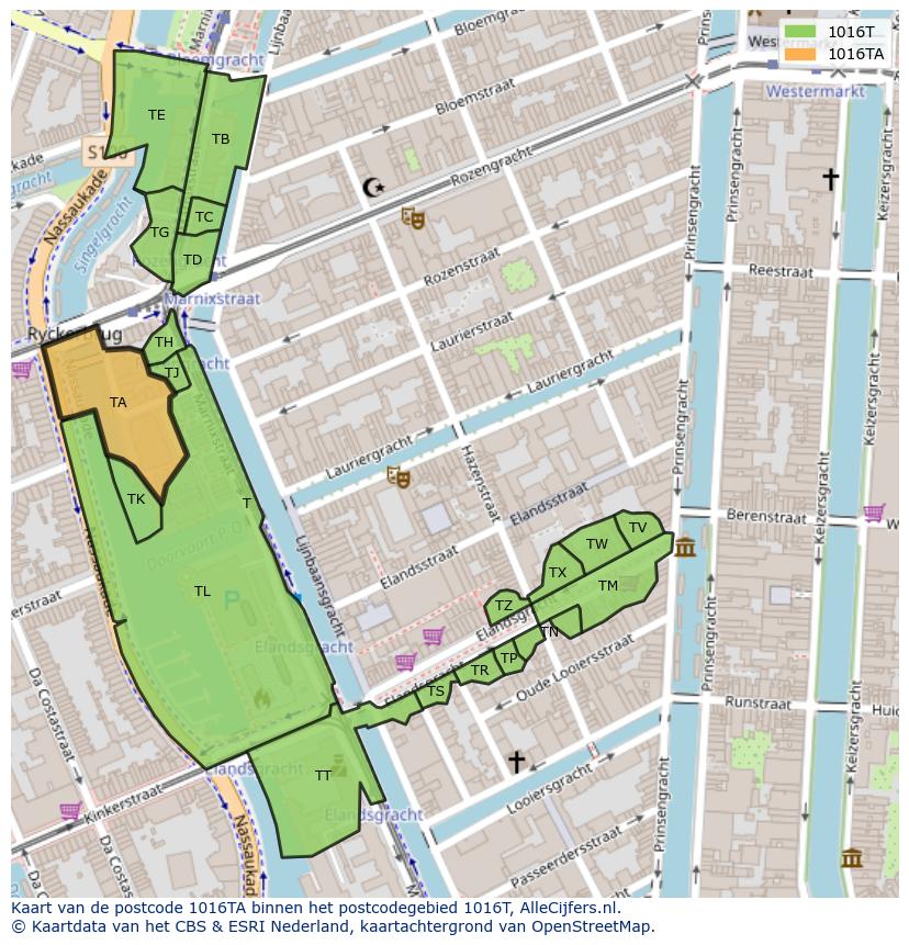 Afbeelding van het postcodegebied 1016 TA op de kaart.