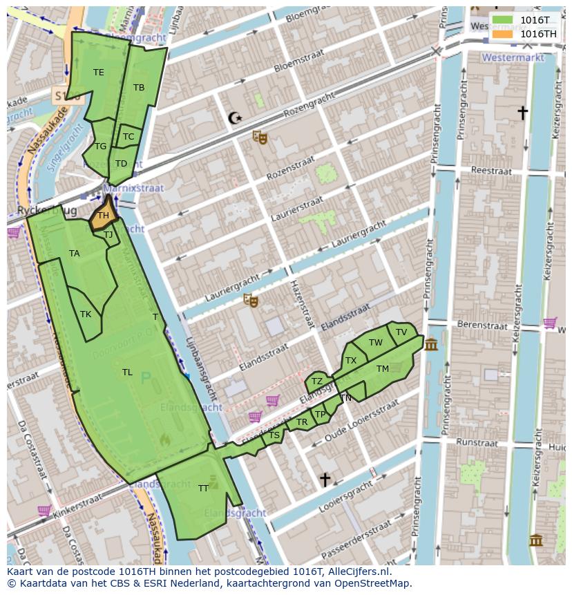Afbeelding van het postcodegebied 1016 TH op de kaart.