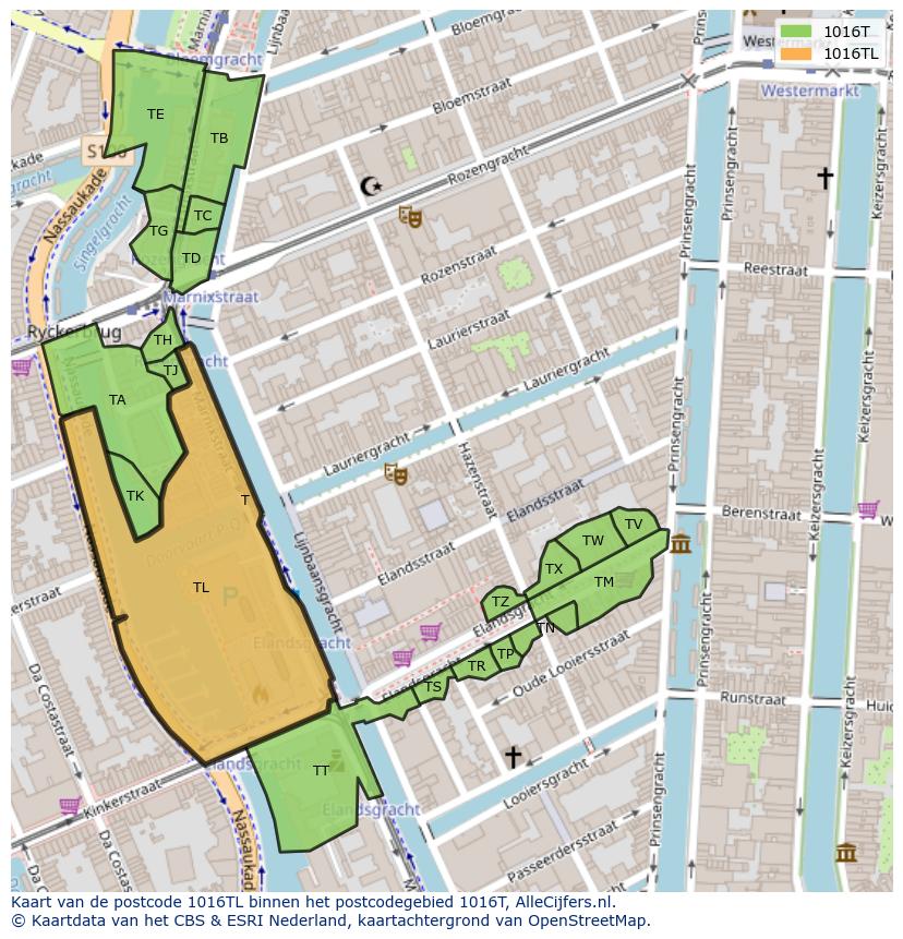 Afbeelding van het postcodegebied 1016 TL op de kaart.