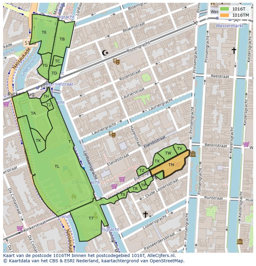 Afbeelding van het postcodegebied 1016 TM op de kaart.