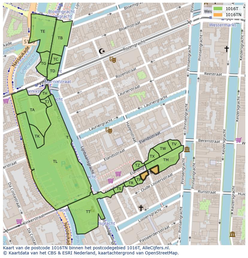 Afbeelding van het postcodegebied 1016 TN op de kaart.