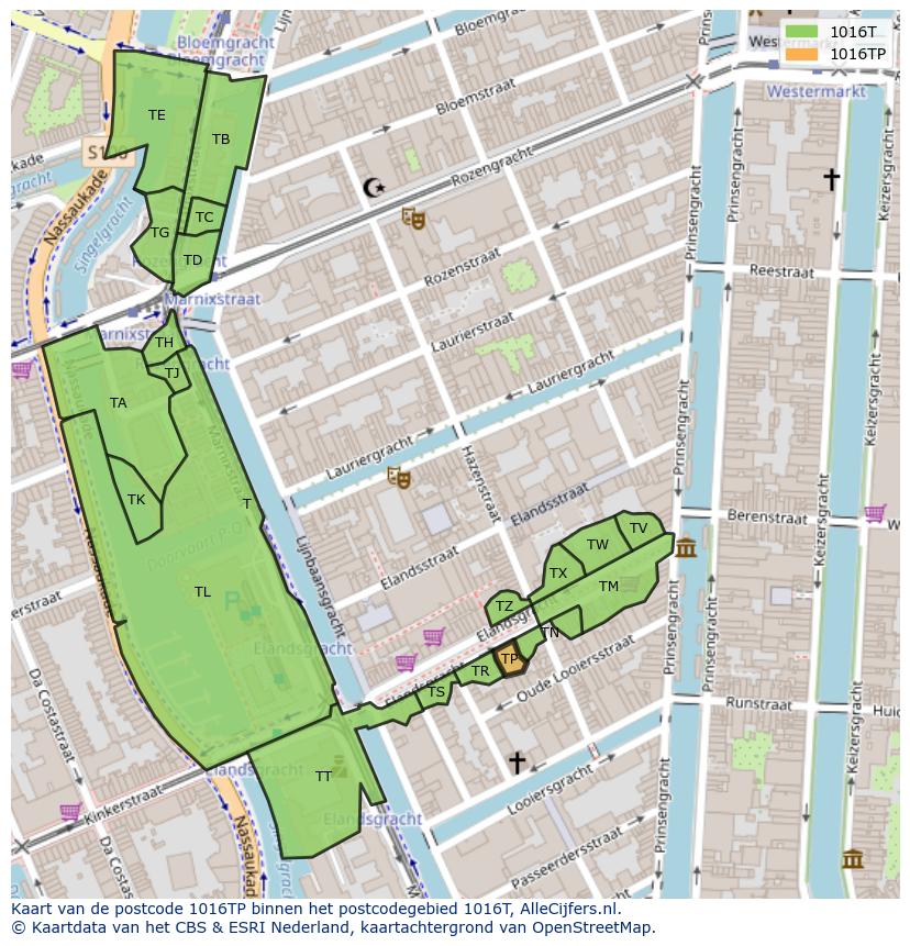 Afbeelding van het postcodegebied 1016 TP op de kaart.