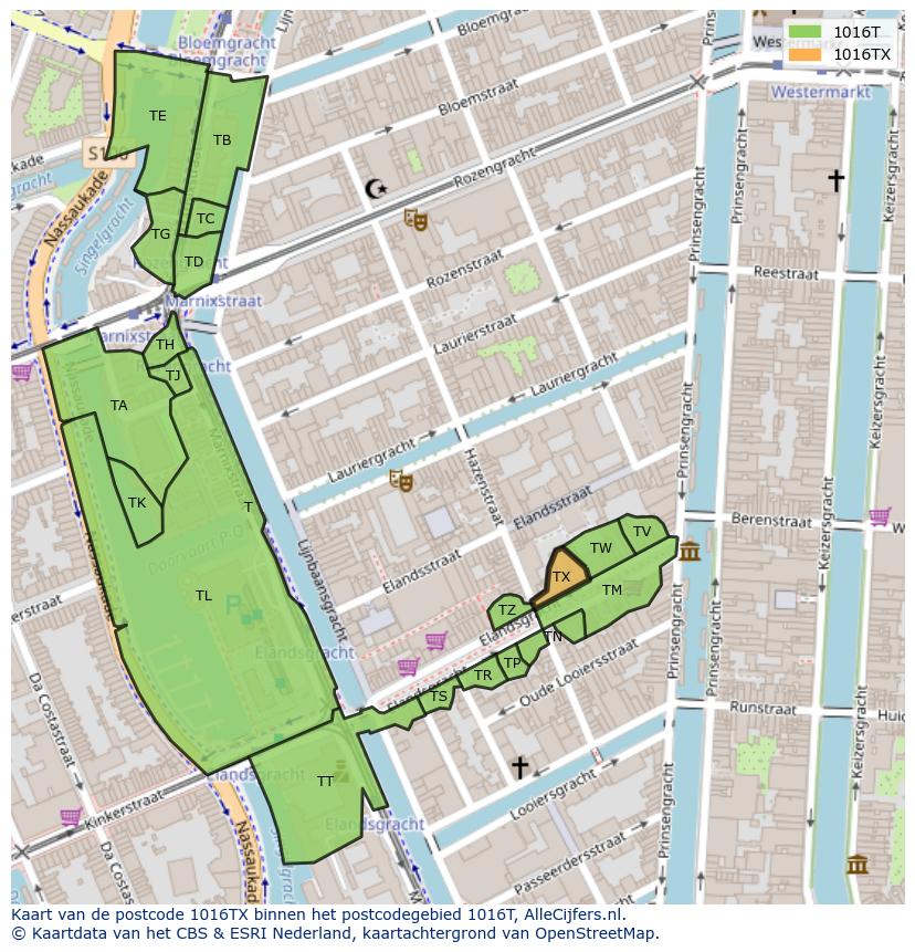 Afbeelding van het postcodegebied 1016 TX op de kaart.