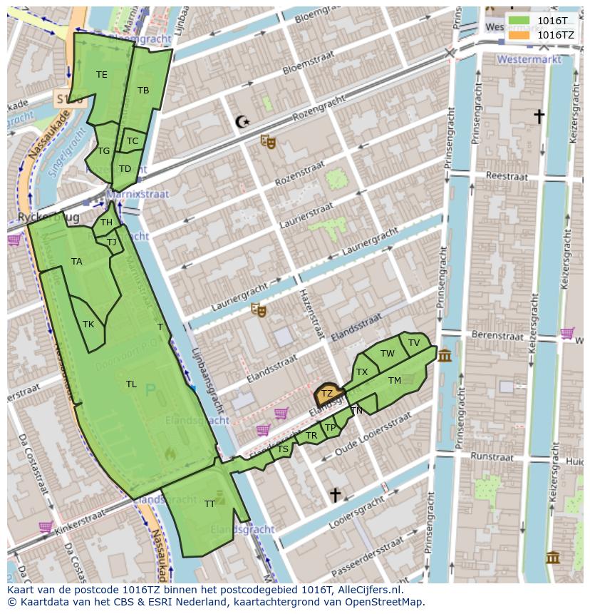 Afbeelding van het postcodegebied 1016 TZ op de kaart.