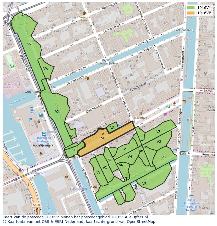 Afbeelding van het postcodegebied 1016 VB op de kaart.