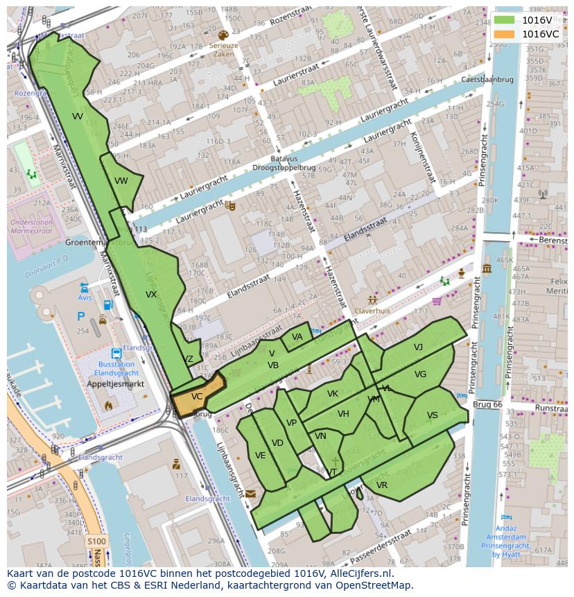 Afbeelding van het postcodegebied 1016 VC op de kaart.