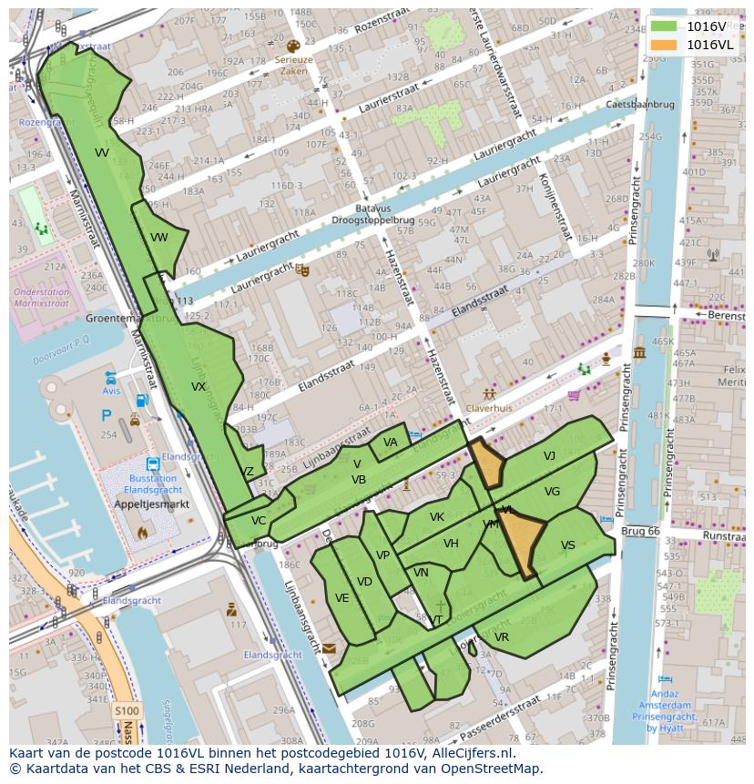 Afbeelding van het postcodegebied 1016 VL op de kaart.