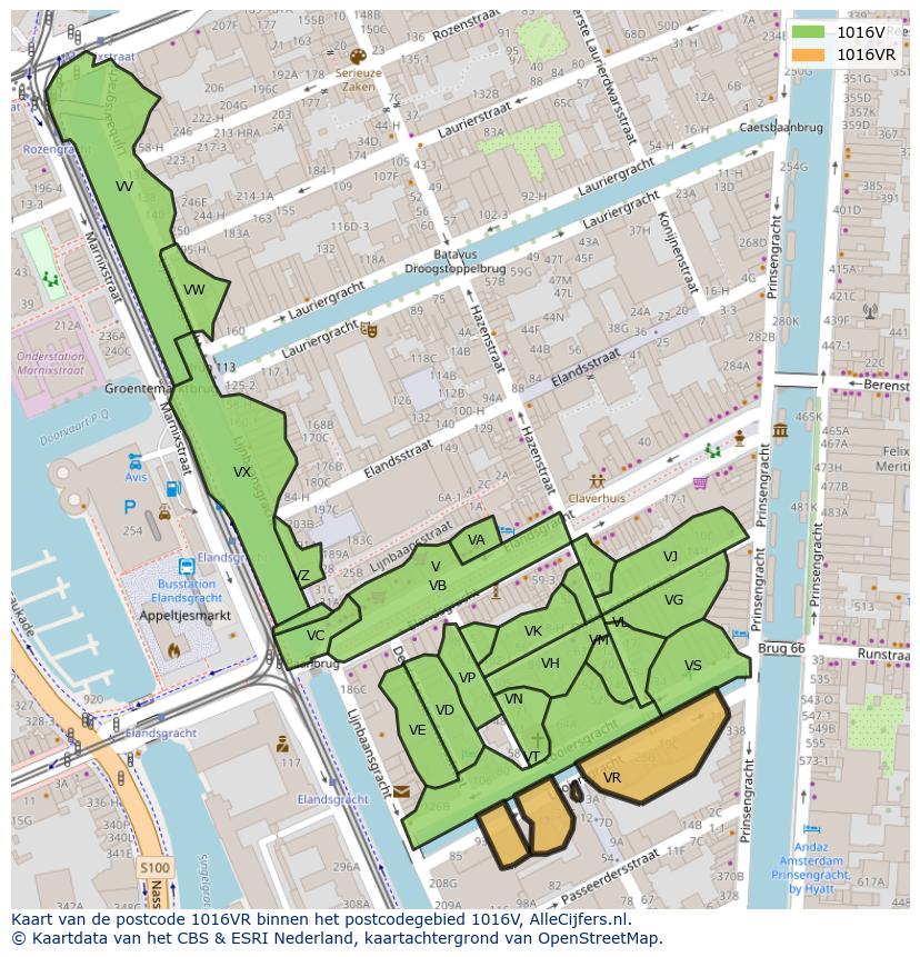 Afbeelding van het postcodegebied 1016 VR op de kaart.