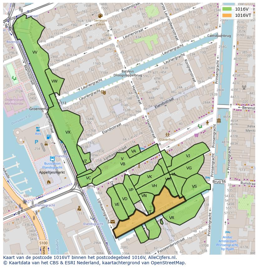Afbeelding van het postcodegebied 1016 VT op de kaart.