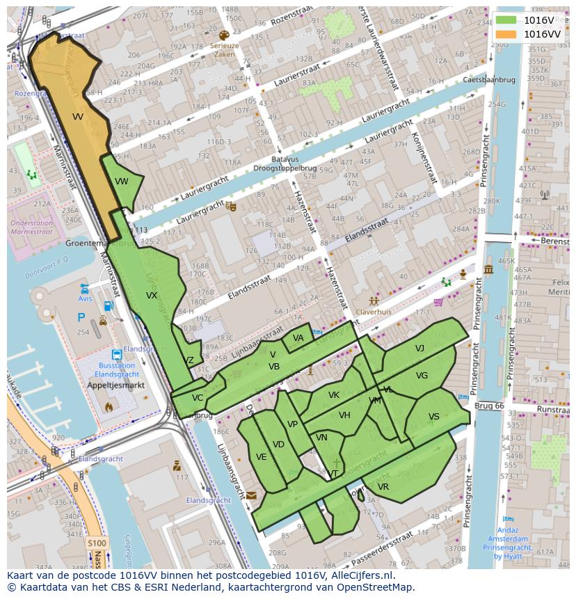 Afbeelding van het postcodegebied 1016 VV op de kaart.