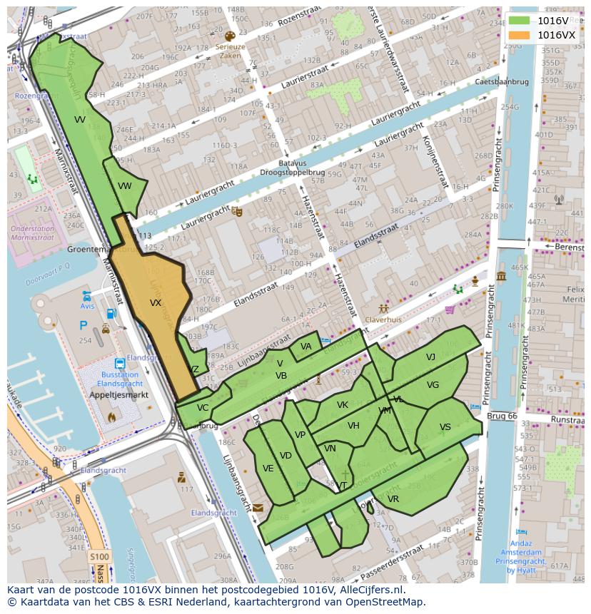 Afbeelding van het postcodegebied 1016 VX op de kaart.
