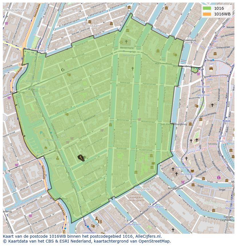 Afbeelding van het postcodegebied 1016 WB op de kaart.