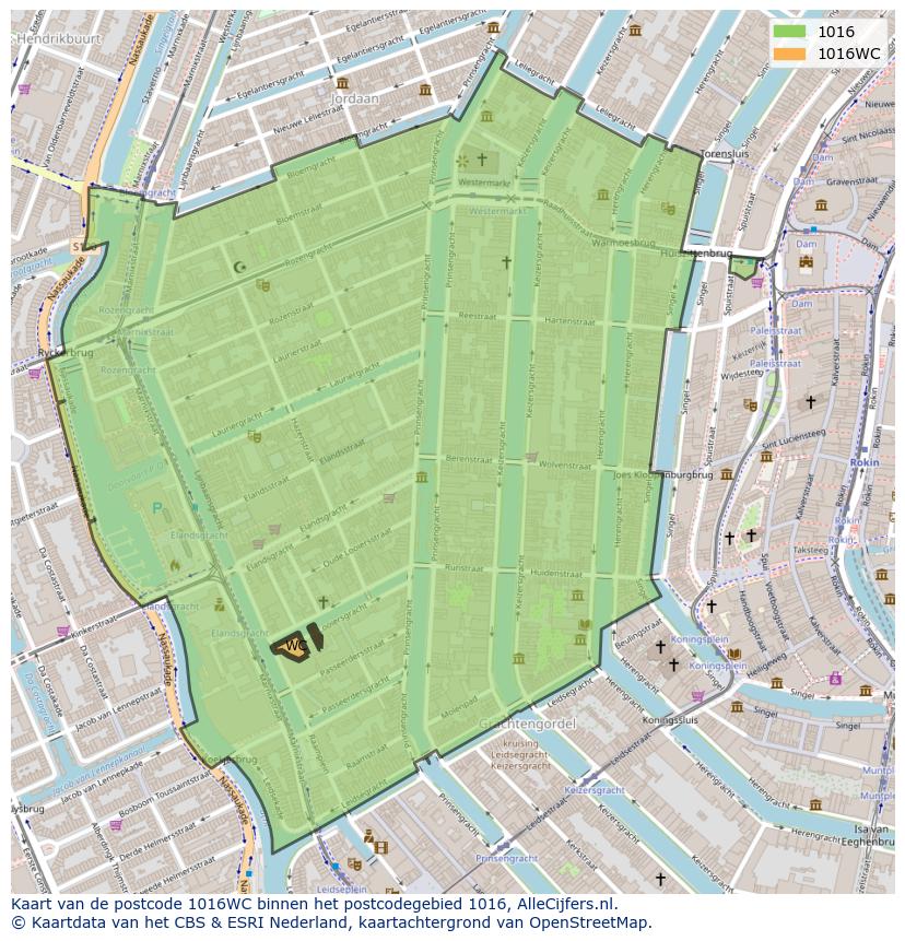 Afbeelding van het postcodegebied 1016 WC op de kaart.