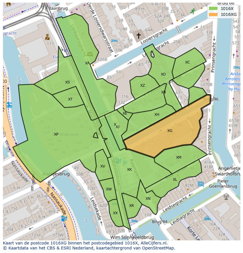 Afbeelding van het postcodegebied 1016 XG op de kaart.