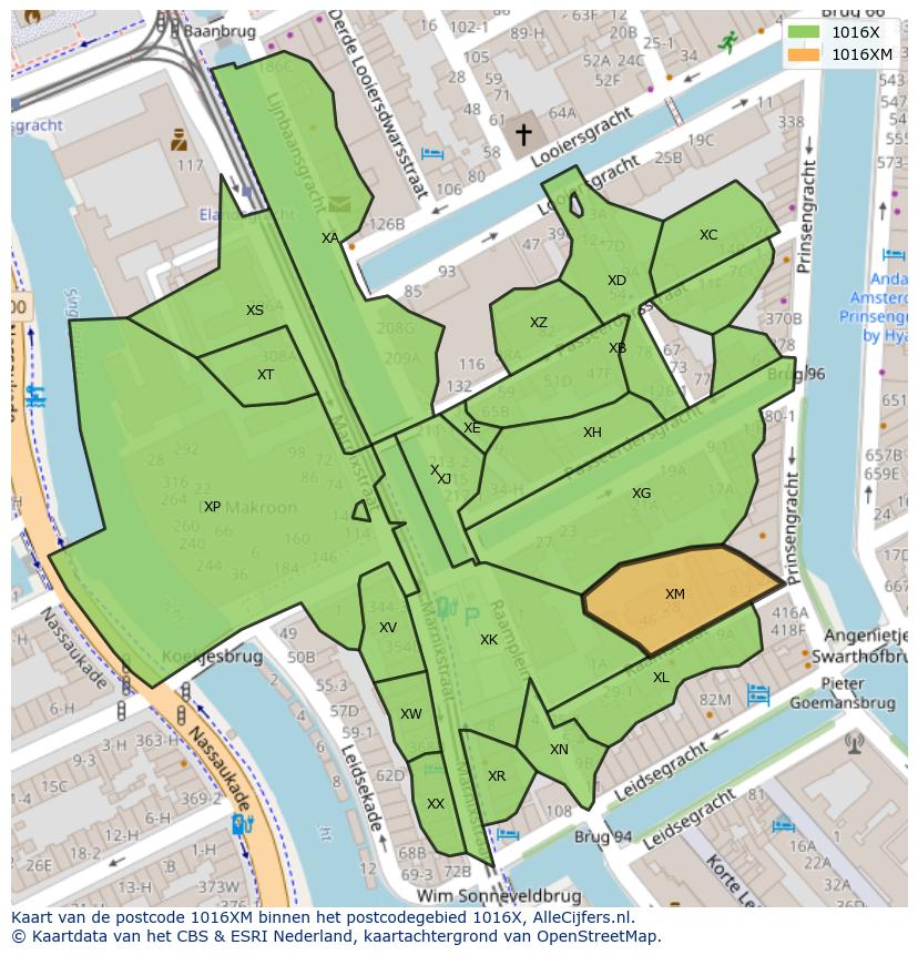Afbeelding van het postcodegebied 1016 XM op de kaart.
