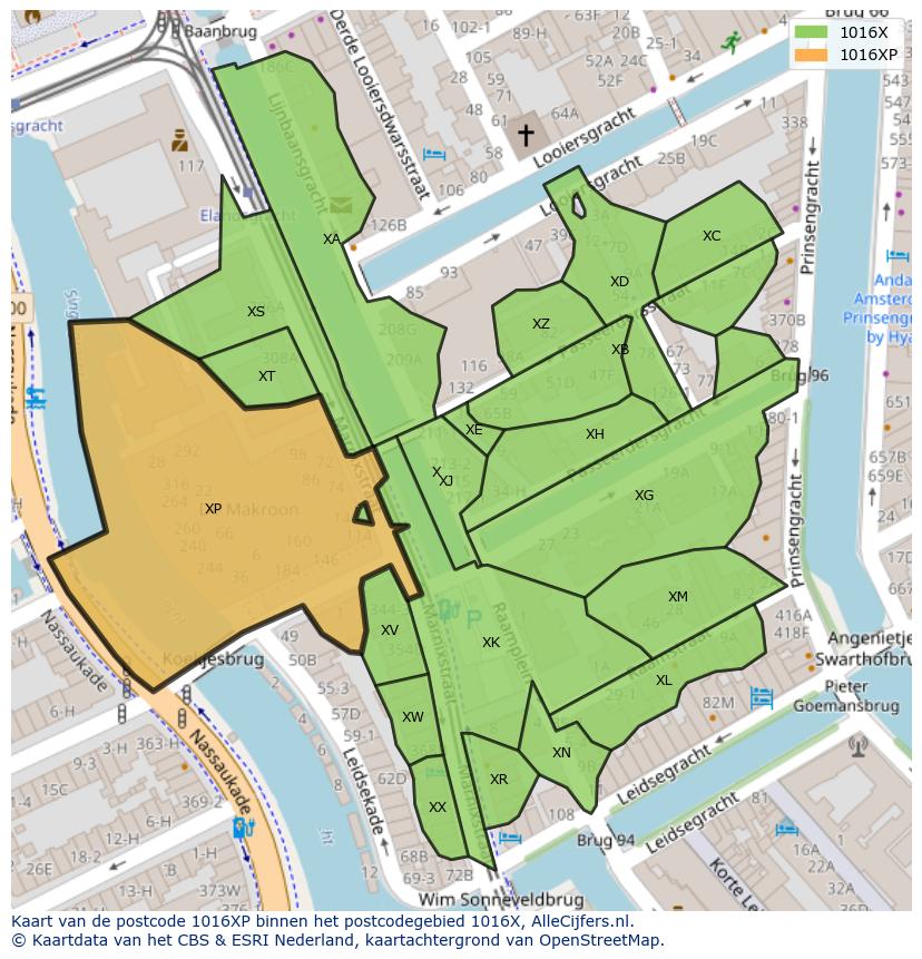 Afbeelding van het postcodegebied 1016 XP op de kaart.