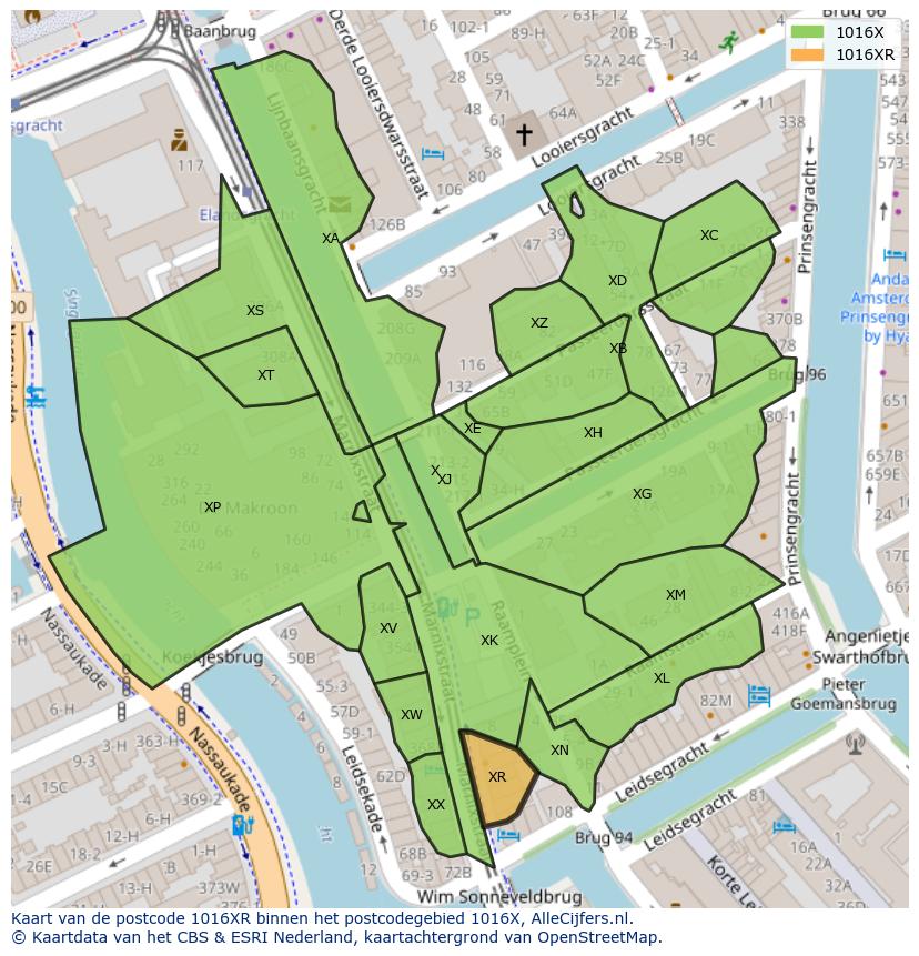 Afbeelding van het postcodegebied 1016 XR op de kaart.