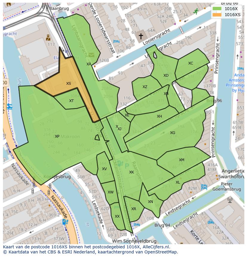 Afbeelding van het postcodegebied 1016 XS op de kaart.