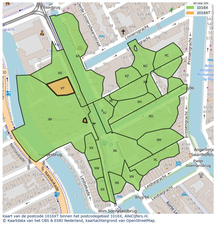 Afbeelding van het postcodegebied 1016 XT op de kaart.