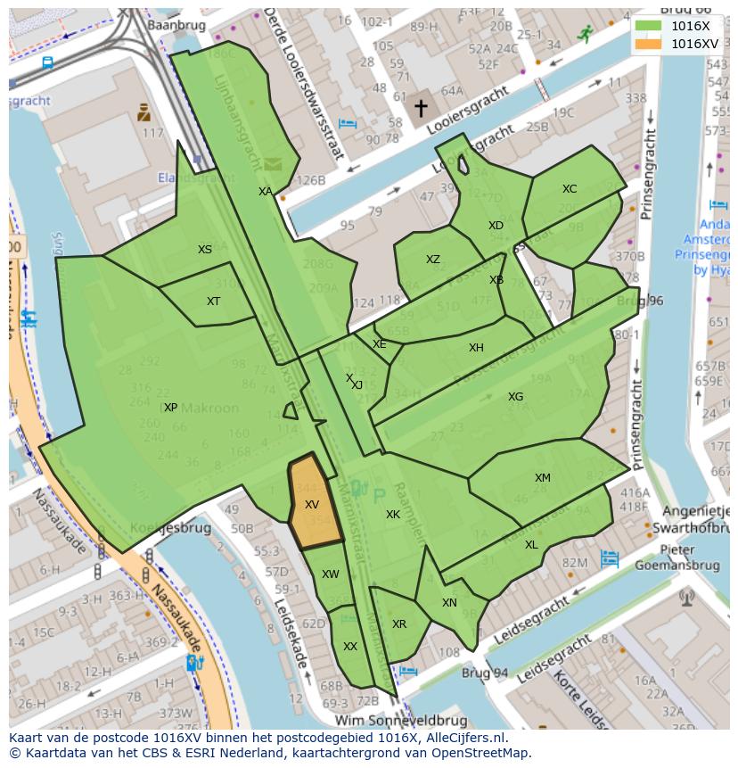 Afbeelding van het postcodegebied 1016 XV op de kaart.